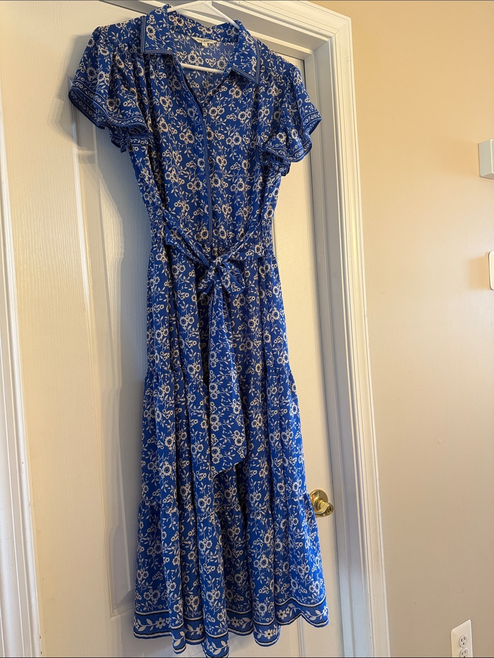 Blue Floral Button-Front Maxi Dress with Tie Waist